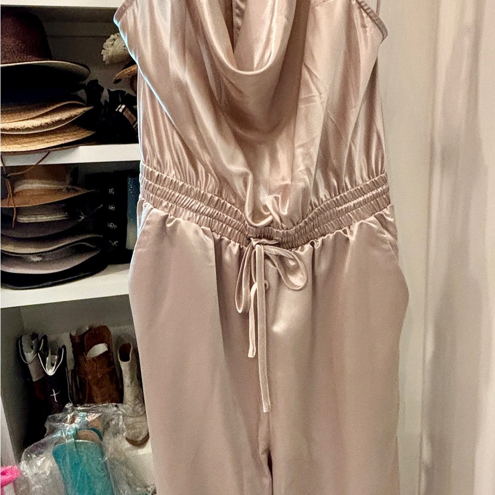 Satin Cowl Neck Sleeveless Jumpsuit in Light Blush